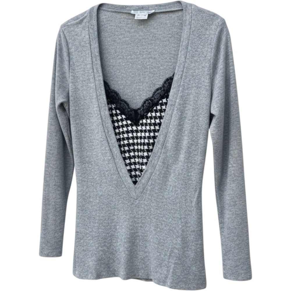 Jus D'Orange Paris Metallic Silver Grey V-Neck Top Houndstooth Lace Trim L